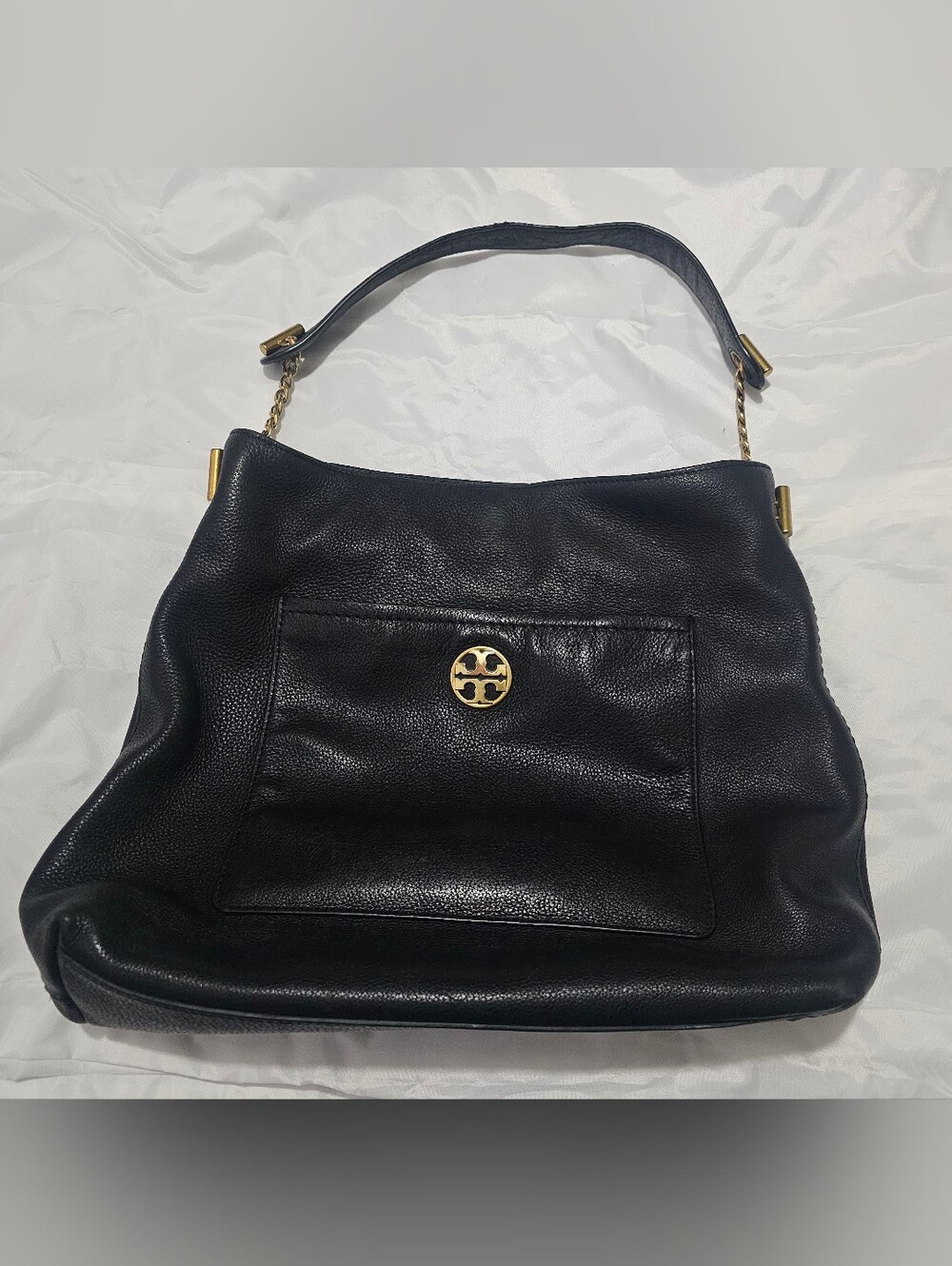 Tory Burch Black Leather Shoulder Bag with Gold Logo